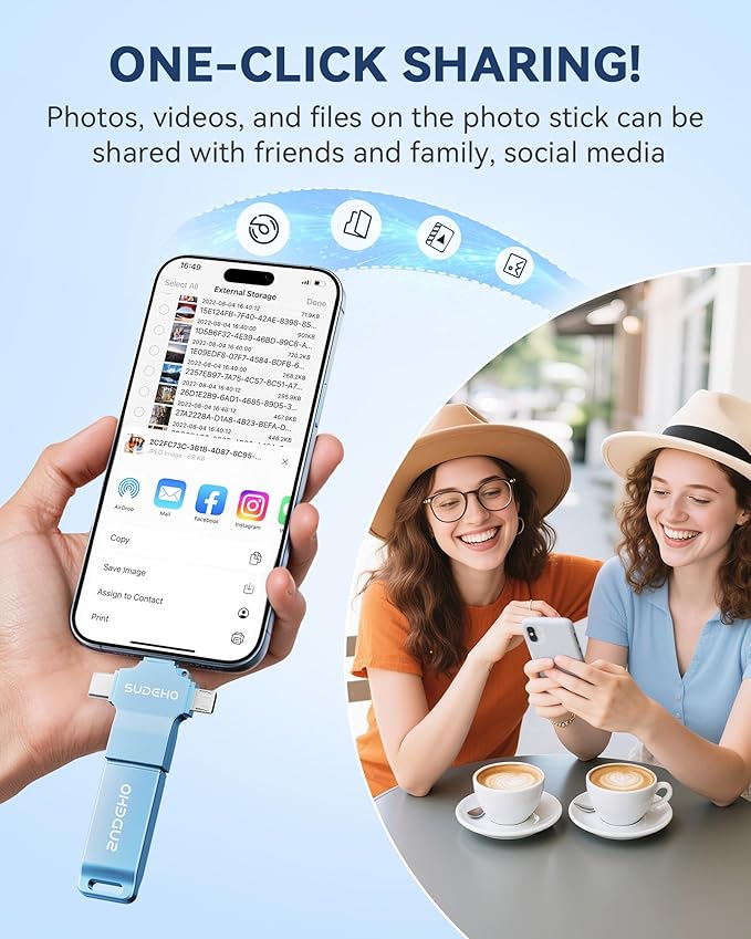 MFi Certified Photo Stick 256GB USB Flash Drive for iPhone, 4 in 1 External Memory Thumb Drive for Picture Video Backup, High Speed Memory Stick Pen Drive for iPhone/iPad/Android/PC (Sky Blue)