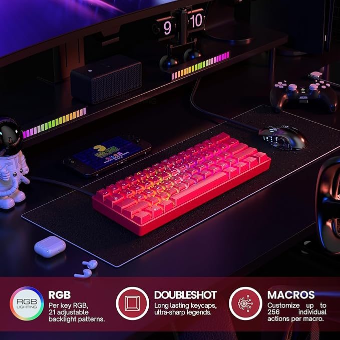 GK61 Mechanical Gaming Keyboard - 61 Keys Multi Color RGB Illuminated LED Backlit Wired Programmable for PC/Mac Gamer (Gateron Optical Yellow, Red)