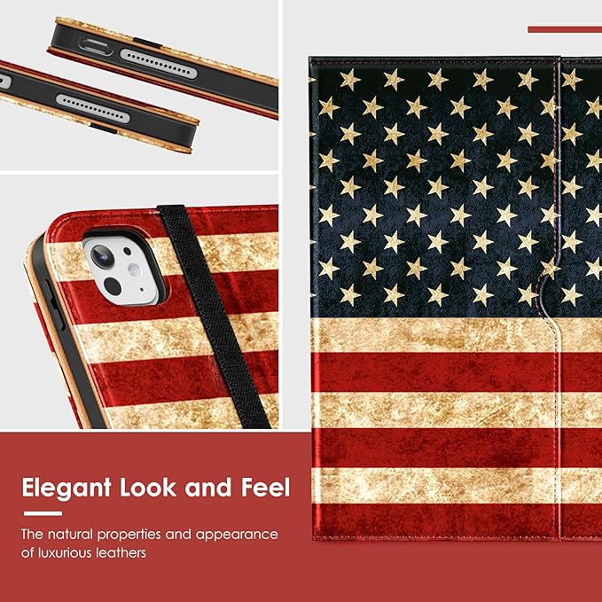 VIKESI Case for iPad Pro 13 (M4) 2024, Leather Stand Cover with Apple Pencil Holder, Auto Wake/Sleep, Multiple Viewing Angles, Built in Hand Strap & Pocket, US Flag