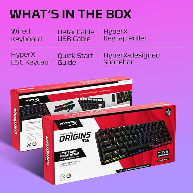 HyperX Alloy Origins 60 - Mechanical Gaming Keyboard - Ultra Compact 60% Form Factor - Tactile Aqua Switch - Double Shot PBT Keycaps - RGB LED Backlit - NGENUITY Software Compatible,Black