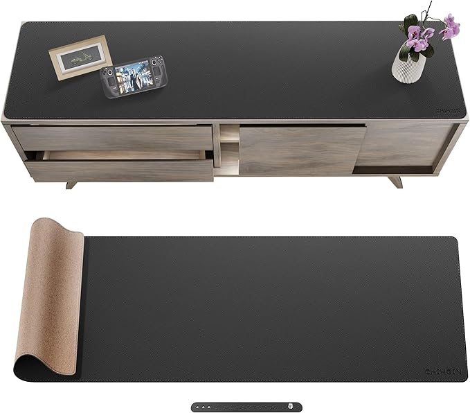 Chihein 59” x 16” Cork & PU Leather Desk Mat (Black) - Huge Mouse Pad, Double Sided Waterproof Desk Pad Protector for Gaming, Office, Home