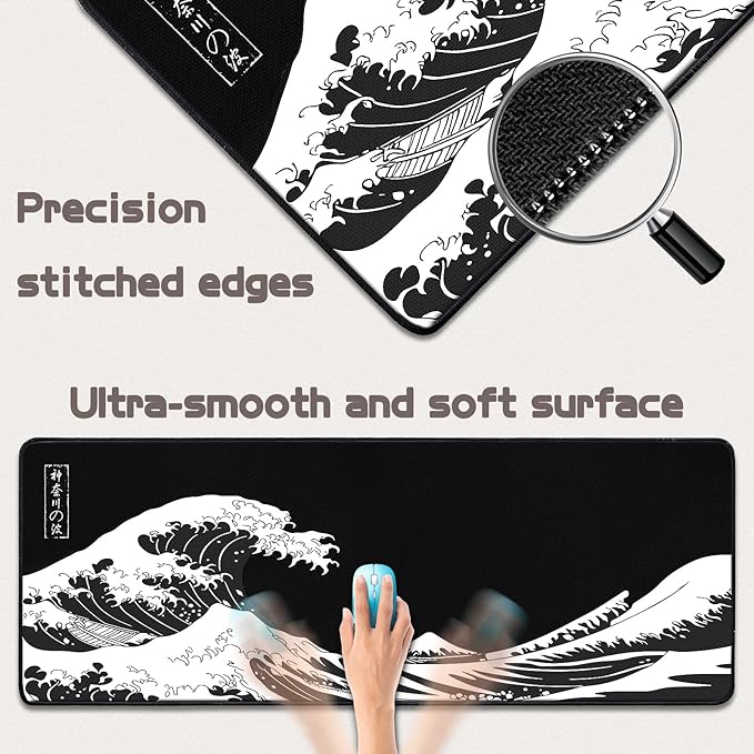 Mouse Pad Gaming - Desk Mat for Keyboard and Mouse - Kanagawa Large Mouse Pad for Desk, Japanese Sea Wave Mousepad (31.5 x 11.8inch) with Non-Slip Base, Desks Pad Mat for Game, Office and Home
