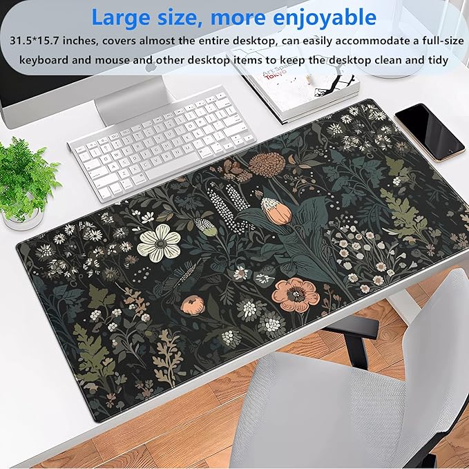 Dark Floral Desk Pad Mat, Extended XL Large Gaming Mousepad with Stitched Edges, Non-Slip Computer Mat Pad for Desk, Keyboard and Mouse mat 31.5 x 15.7 in