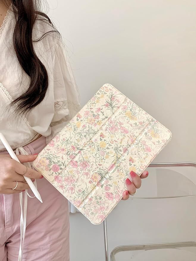 Folio Case with Kickstand Stylus Holder for Apple iPad 10th Generation 2022 10.9 Inch A2696 A2757 A2777 A3162 Pink Yellow Flowers Floral Classic Vintage Retro Pretty Chic Cute Lovely Girls Women