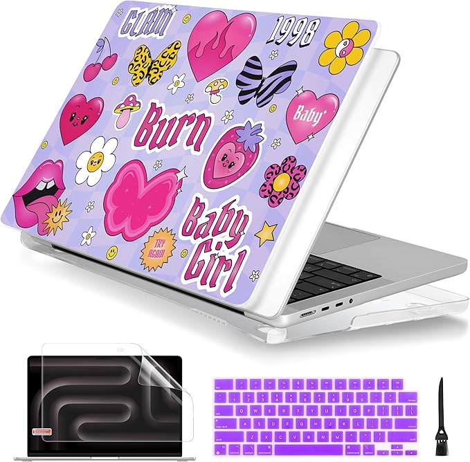 Batianda Case for New MacBook Pro 14 Inch M5 (2025 2026) & 2024 2023 Release [Model A3434 / A3112] - Ultra Slim 1.2mm Glossy Hard Shell Protective Skin Keyboard Cover 4-in-1 Bundle, Y2K Pink Collage