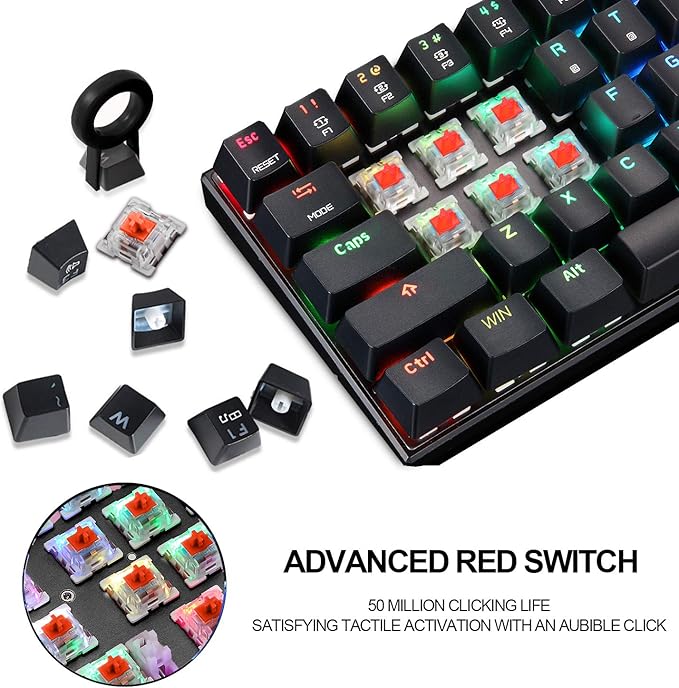MOTOSPEED 60% Mechanical Keyboard Portable 61 Keys RGB LED Backlit Type-C USB Wired Office/Gaming Keyboard for Mac, Android, Windows（Red Switch）