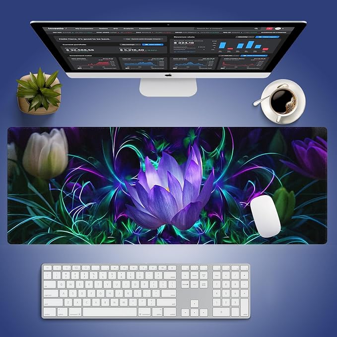 XXL Gaming Mouse Pad with Stitched Edges - Abstract Modern Neon Lotus Painting Purple Glowing Flowers Blossom, Smooth Cloth Surface Anti-Slip Rubber Base Large Desk Mat for Mice & Keyboard