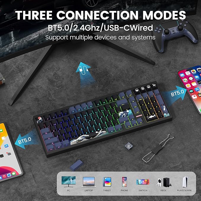 Womier Wireless Gaming Keyboard, Mechanical Keyboard, 98% Creamy Keyboard RGB Backlit with Number Pad and Volume Knob, BT5.0/2.4GHz/USB-C Mode, Hot Swappable Custom Keyboard with Linear Switches