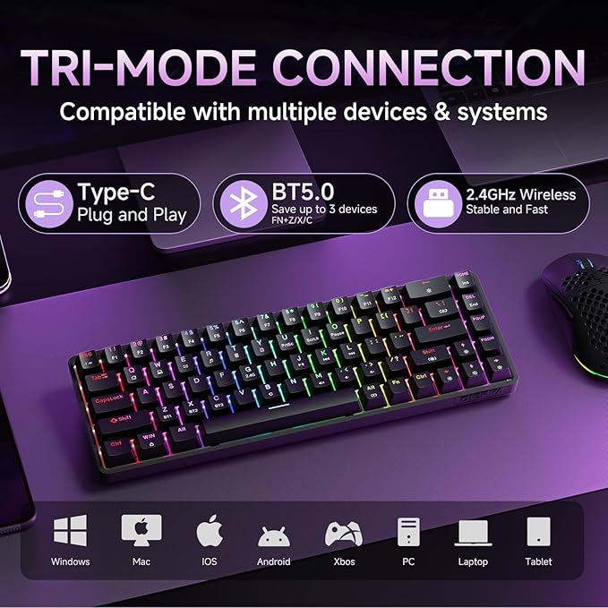 DIERYA DK68 Wireless Mechanical Keyboard, 60% Gaming Keyboard with Blue Switch, Triple Mode 2.4GHz/USB-C/BT5.0, RGB Backlit, Anti-Ghosting Keys, 68 Keys Portable Mini Wired Office Keyboard-Black