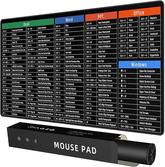 Rinaze Large Mouse Pad Desk Mat with Excel Shortcuts Cheat Sheet, Anti-Slip Keyboard Pad with Multifunctional, Gaming Mousepad, Office Desk Accessories for Computer, MacBook, PC and Laptop