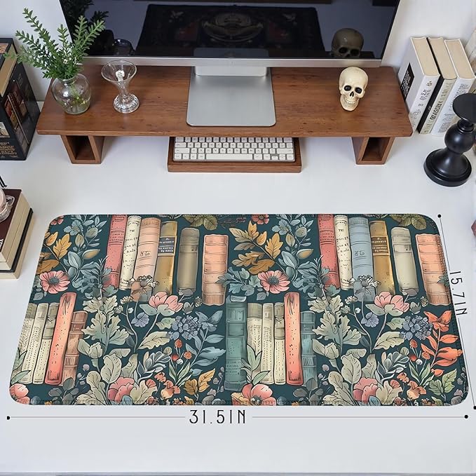 Floral Books Desk Mat Cute Desk Pad XXL Mouse Pad Colorful Mouse Keyboard Pad Flower Bookshelf Desktop Mat for Computer Laptop Aesthetic Reader's Home Decor 31.5x15.7 in