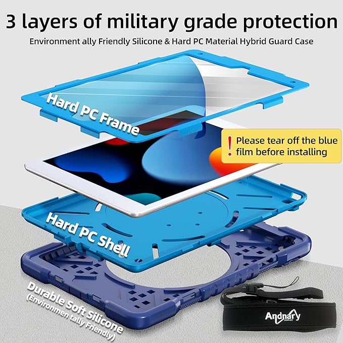 Andnary Case for iPad 9th/8th/7th Generation 10.2 inch, Shockproof Cover with Screen Protector/360° Rotating Handle/Bracket/Pen Holder/Shoulder Strap, Kids Case for iPad 2021/2020/2019 (Navy+Blue)