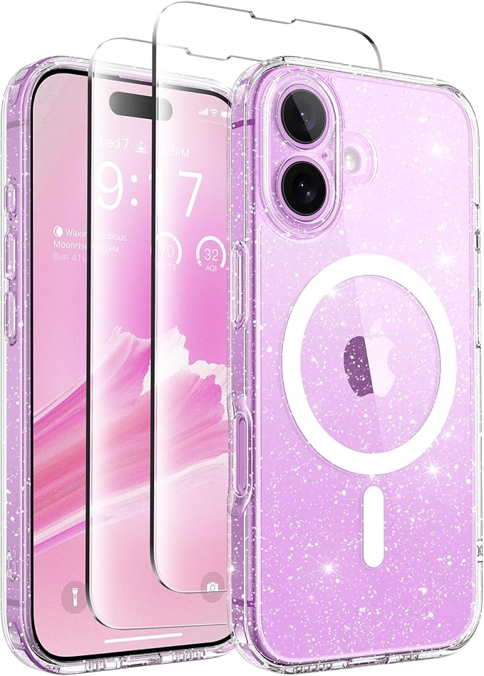 CAPRARO Magnetic Compatible with iPhone 16 Case, Upgraded [Full Camera Protection] [Compatible with MagSafe] Protective Translucent Matte Women Girl Phone Case Cover, Clear Glitter