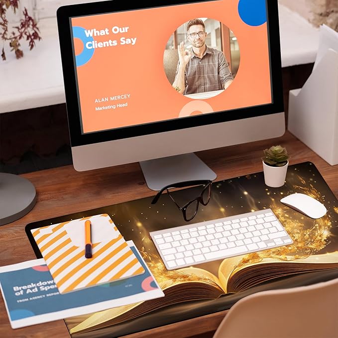 Desk Pad, Golden Magic Book Desk Mat, Fantasy Books Large Gaming Mouse Pad, 31.5"x15.7" Extended Big Computer Keyboard Mouse Pad with Non-Slip Base and Stitched Edge