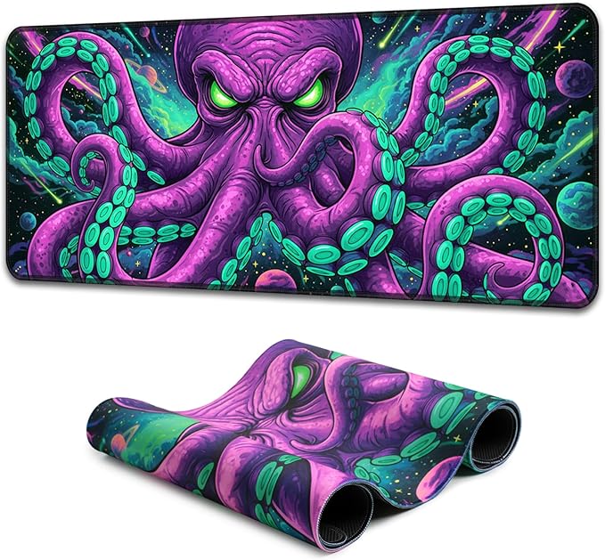Blacklight Octopus Mouse Pad – UV Reactive Neon Tentacle Galaxy Desk Mat, Glow in The Dark Extended Gaming Mousepad with Colorful Cosmic Kraken Art for Gamers, Room Decor - 31.5" x 11.8"