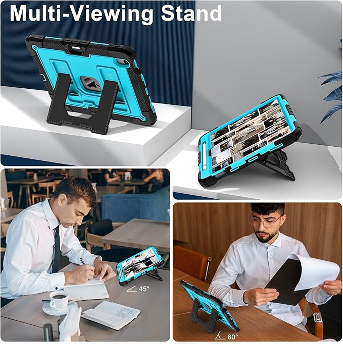 Kids Friendly Case for iPad Air 11 Inch M4 M3 M2 2026/2025/2024 Case with Pencil Holder & Shoulder Strap, Military Grade Shockproof Kickstand Hard Shell Protective Cover,Black+Blue