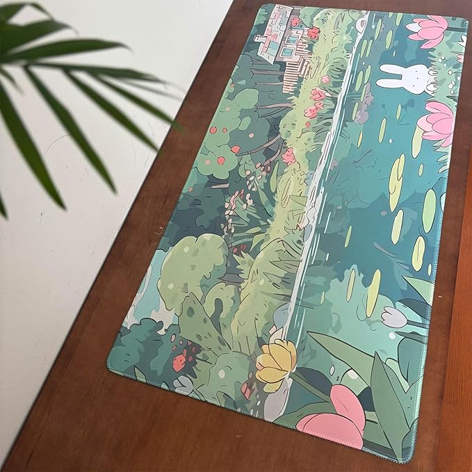 Cute Kawaii Bunny Anime Green Plant Desk Mat Large Mouse Pad Gaming Desk Pad Accessories for Women Office Decor Long Laptop Keyboard Mouse Mat