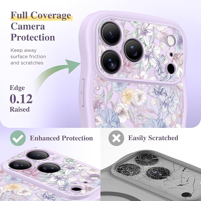 GVIEWIN for iPhone 17 Pro Case Compatible with MagSafe [Curly Wave Edge][Full Camera Protection] Floral Translucent Shockproof Magnetic Women Phone Case for iPhone 17 Pro 6.3'', Apricot Blossom/Purple