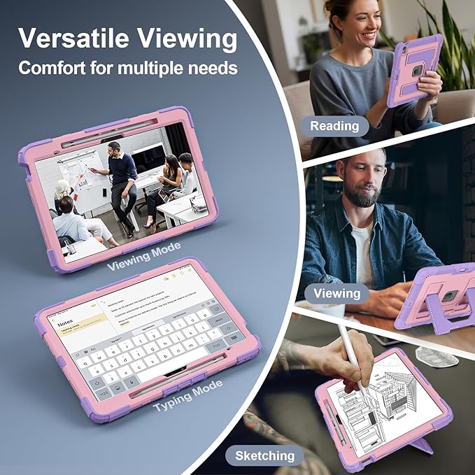 Kids Friendly Case for iPad Air 13 Inch M4 M3 M2 2026/2025/2024 Case with Pencil Holder & Shoulder Strap, Military Grade Shockproof Kickstand Hard Shell Protective Cover,Pink+Purple
