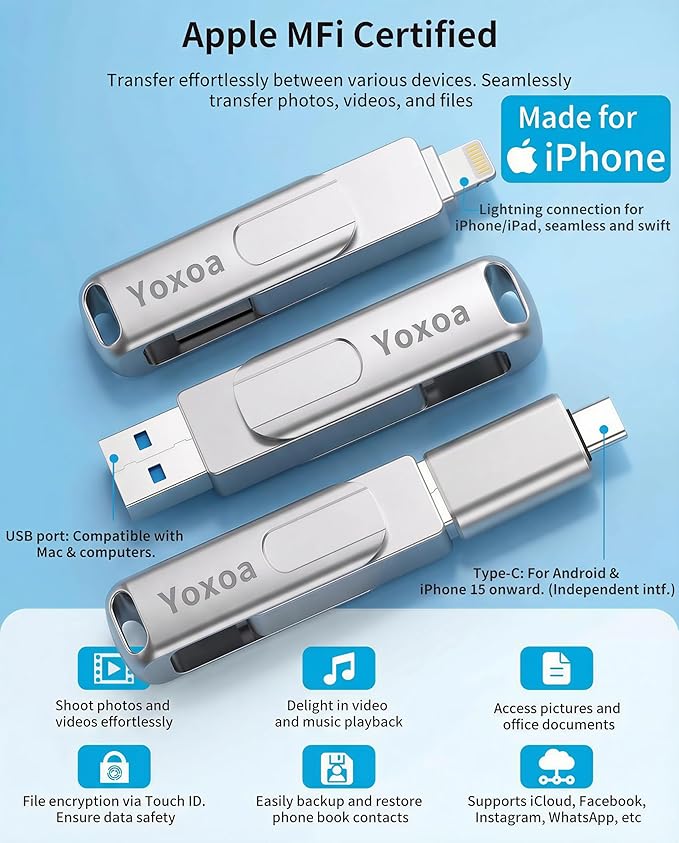 MFi Certified 512GB Flash Drive for iPhone & iPad, High-Speed Photo Stick for External Memory Storage, Backup & Transfer Files, USB Stick for iPhone/iPad/iOS/Android/PC (Available Space: ~484GB)Silver