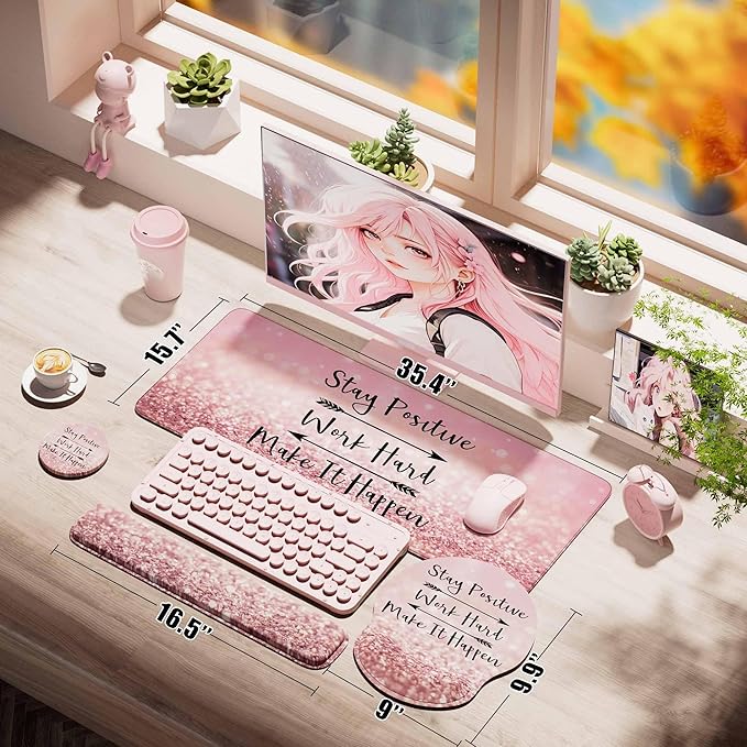 Desk Mat Set + Keyboard and Mouse Pad with Wrist Rest Support,4-in-1 Large Mousepad Computer Mats for Desktop Home & Office-Glitter Pink