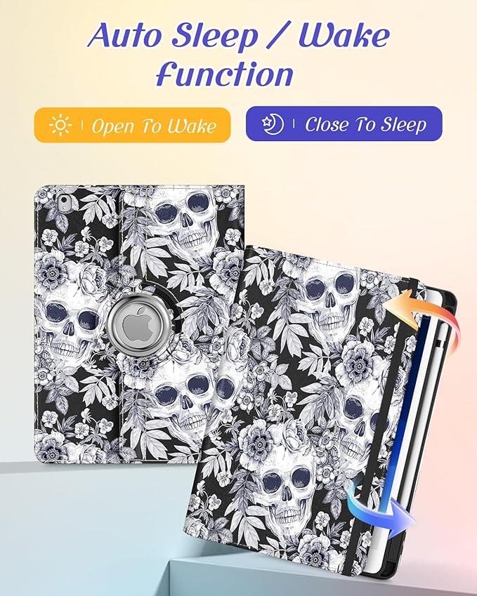 Kidcube for iPad Air 3rd Generation Case/Pro 10.5 Inch Case - Women Girls Cute Rotating Stand Folio Cover with Pencil Holder & Card Slot Flowers Goth Skull Design Cover for iPad Pro 10.5''/Air 3rd