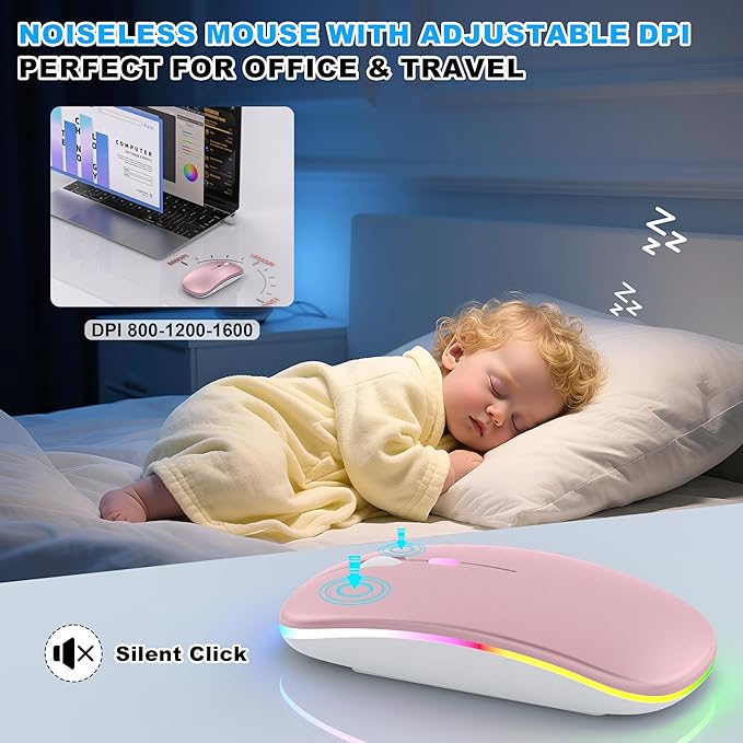 LED Bluetooth Wireless Mouse for MacBook Air Mac Pro Laptop iPad –Rechargeable Silent Light-Up Optical Mouse with Jiggler Dual Mode BT5.2 & USB-A/USB-C for Students, Kids, Girls, Boys – Rose Gold