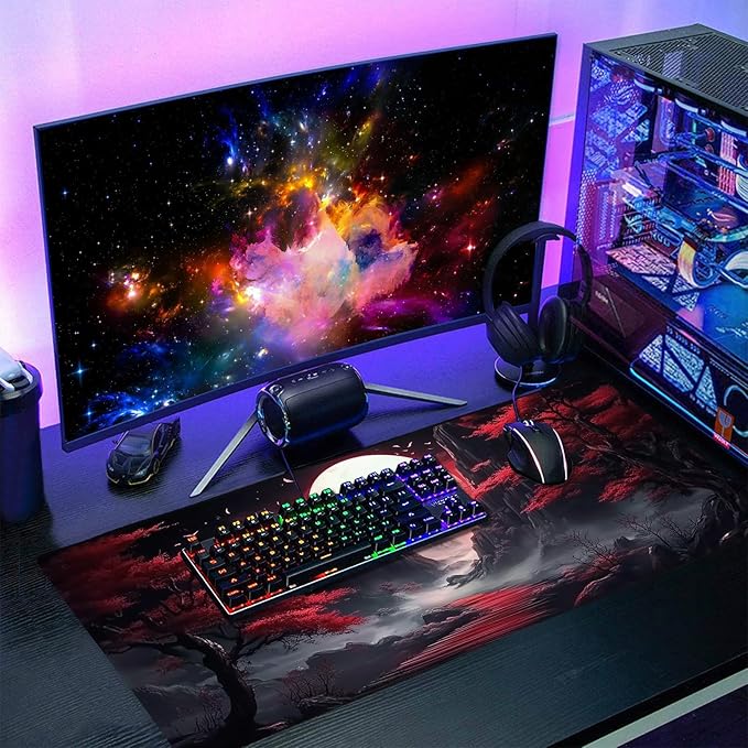 Black Red Japanese Mouse Pad XXL Moon Sakura Cherry BLoosm Tree Extended Table Mat 90X40 cm Non-Slip Rubber Base Stitched Edge Large Mousepad for Gaming Laptop Computer Desk Top 35.4×15.7 Inch