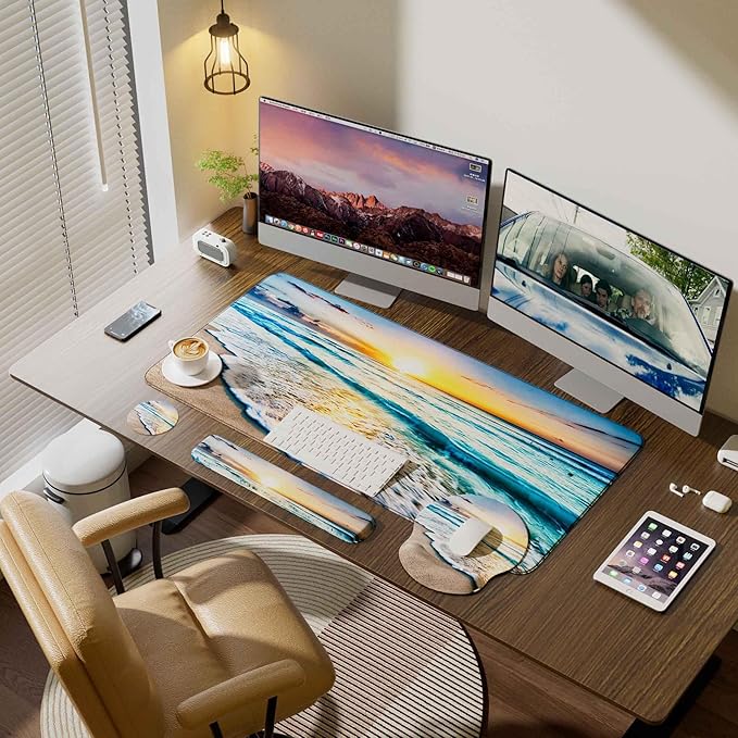 Desk Mat Set + Keyboard and Mouse Pad with Wrist Rest Support,4-in-1 Large Mousepad Computer Mats for Desktop Home & Office-Blue Sunset Beach