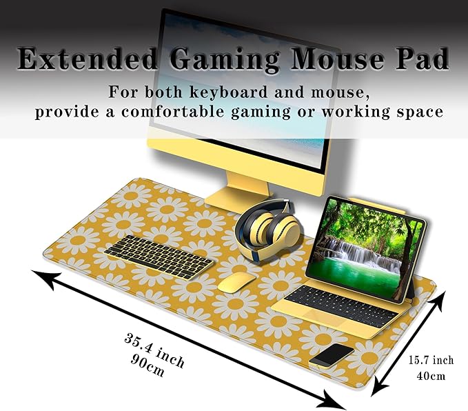 Computer Desk Mat Yellow Desk Mats, Large Gaming Mouse Pads Keyboard Mouse Pad, Mouse Mat Non-Slip Rubber Base Waterproof with Stitched Edges, 35.4 X 15.7 inch for Work/Game/Office/Home