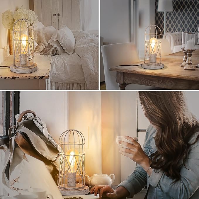 Small Table Lamp, Touch Control Table Lamp with Brushed White Oak Cage, Farmhouse Bedside Lamp 3-way Dimmable Nightstand Lamp Edison Lamp for Bedroom, Living Room, Hallway, Kitchen, LED Bulb Included