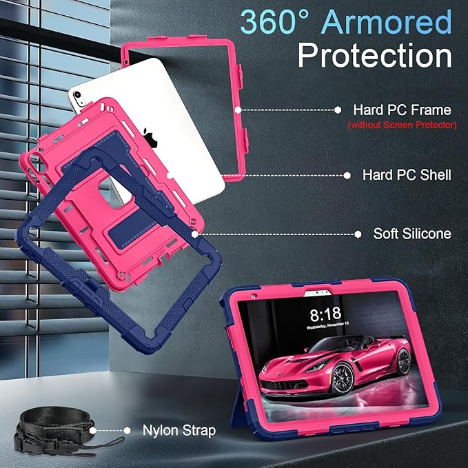 for iPad (A16) 11th Generation 11 Inch (2025)/iPad 10th Generation 10.9 Inch (2022) 10th Gen i Pad Case with Shoulder Strapr,Shockproof Cover for 11.0/10.9,Navy Pink