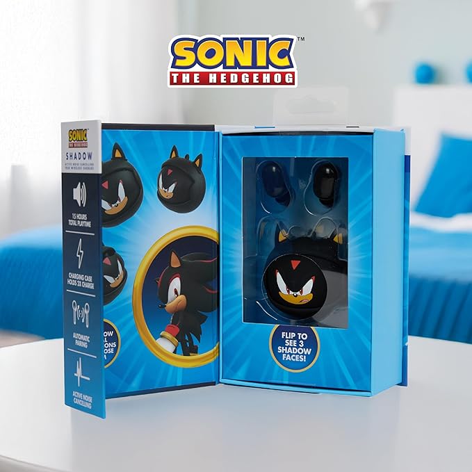 Sonic The Hedgehog Wireless Earbuds, True Wireless Bluetooth Earbuds, in-Ear Headphones with Active Noise Cancelling and Charging Case (Shadow The Hedgehog)