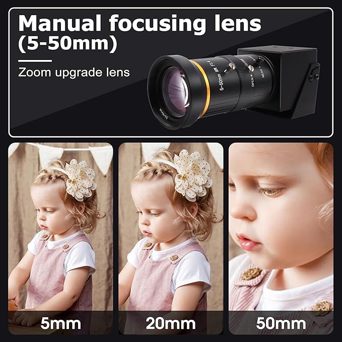 4K Monitor Port USB Camera Simultaneous Streaming Webcam Video Recording Zoom Type C Camera with 5-50mm Manual Varifocal Lens for Live Streaming, Computer, Laptop, Raspberry Pi, Windows,Linux