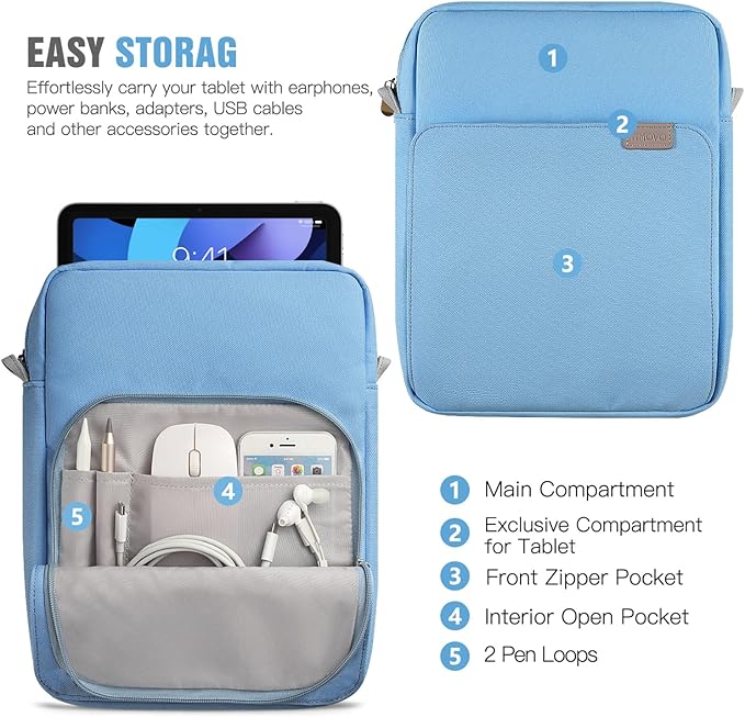 TiMOVO 9-11 Inch Tablet Sleeve Bag with Shoulder Strap for iPad 11-inch A16 2025, iPad 10th Gen. 10.9"/10.2", Galaxy Tab A9+/A11Plus 11", Dusty Blue