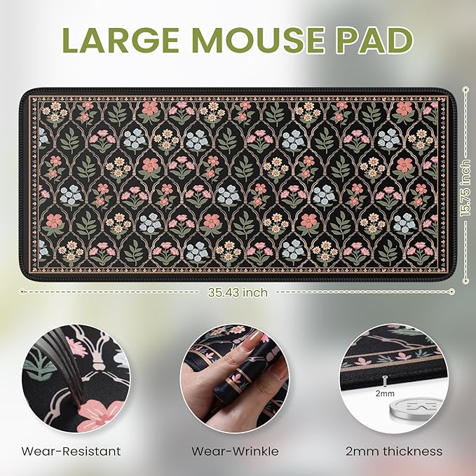 iCasso Floral Desk Pad Mat, Large Mouse Pad, Desk Matt for Desktop, Anti-Slip XXL Big Mousepad with Stitched Edges for Computer Keyboard (Black Moroccan)