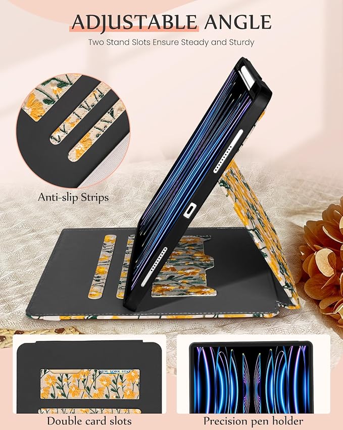 Uppuppy for iPad Air 13 Inch Case M3 2025/M2 2024, for iPad Pro 12.9 Case 6th/5th/4th/3rd Gen - Women Girls Cute Embroidered Folio Stand Cover with Pencil Holder & Card Slot Design Girly Yellow Daisy