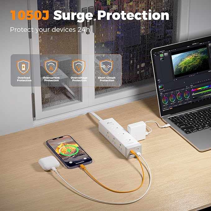TESSAN Surge Protector Power Strip PD 20W, Ultra Thin Flat Plug 15 FT Extension Cord, 9 Outlets 4 USB(2 USB C), 1050J Protection Multiple Outlets Charging Station for Home, Office, College Dorm Room