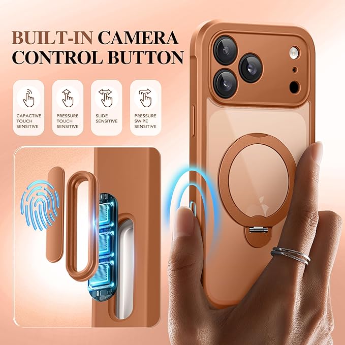 BERFY for iPhone 17 Pro Max Case, Compatible with MagSafe, Built in Privacy Screen Protector, Shockproof Full Body Phone Case for 17 Pro Max with Magnetic Stand, Clear Orange