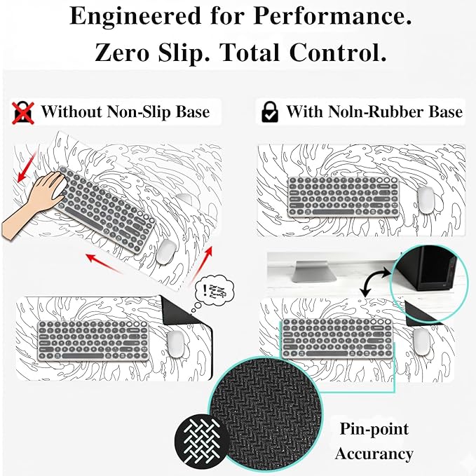 Gaming Mouse Pad L (31.5x11.8in) - Abstract White Line Art Waves, Japanese Doodle Style - Desk Mat, Water Resistant Surface