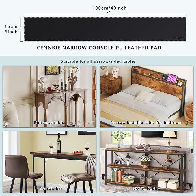 CENNBIE Console Table Leather Cover - 39.4 x 5.9 Inches Narrow Long Mat - TV/Media/Gaming/Center Console Protector Pad for Narrow Side Table, Sideboard (Black)