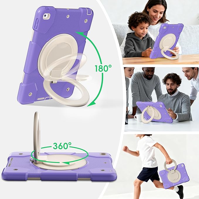 Andnary Case for iPad 9th/8th/7th Generation 10.2 inch, Shockproof Cover with Screen Protector/360° Rotating Handle/Bracket/Pen Holder/Shoulder Strap, Kids Case for iPad 2021/2020/2019 (Purple)