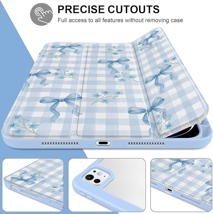 TWOLSKOO Case for iPad Pro 11-inch (M5 2025 / M4 2024), Clear Acrylic Back with TPU Bumper, Pencil Holder, Trifold Stand, Auto Sleep/Wake, Blue Gingham Bows