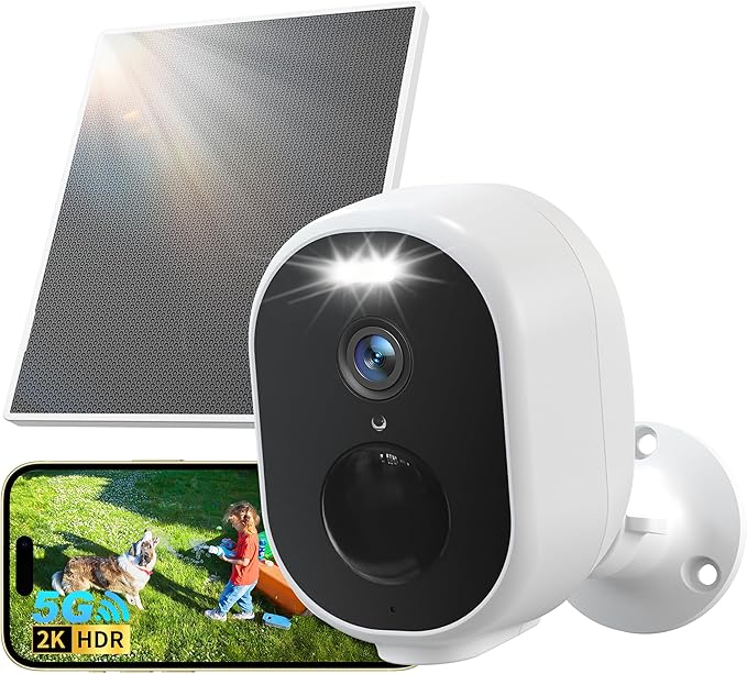 GNCC Solar Security Camera Wireless Outdoor, 2K Battery Powered Camera with Solar Panel, 5G&2.4GHz WiFi, Spotlight Color Night Vision, AI Motion Detection, Siren Alarm, Cloud/SD Storage (White-1 Pack)