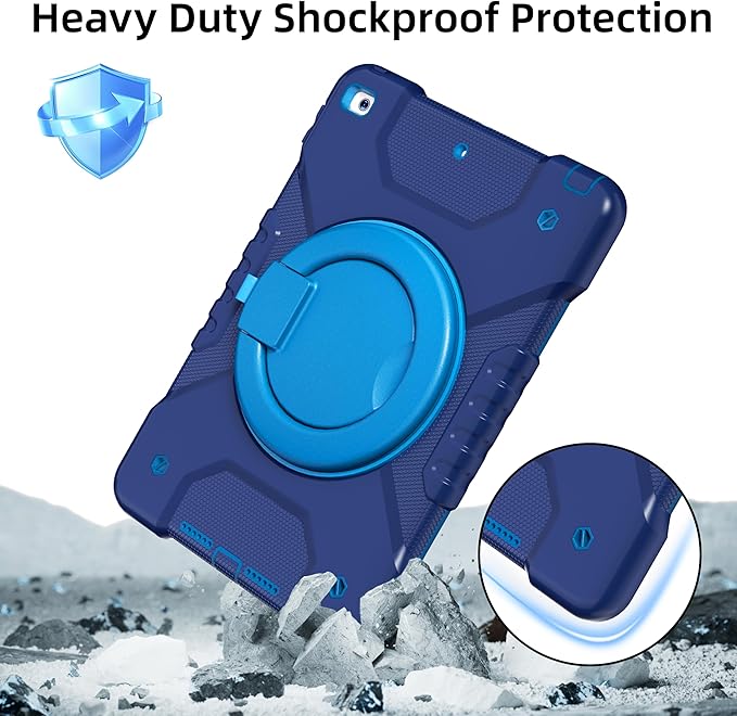 Andnary Case for iPad 9th/8th/7th Generation 10.2 inch, Shockproof Cover with Screen Protector/360° Rotating Handle/Bracket/Pen Holder/Shoulder Strap, Kids Case for iPad 2021/2020/2019 (Navy+Blue)