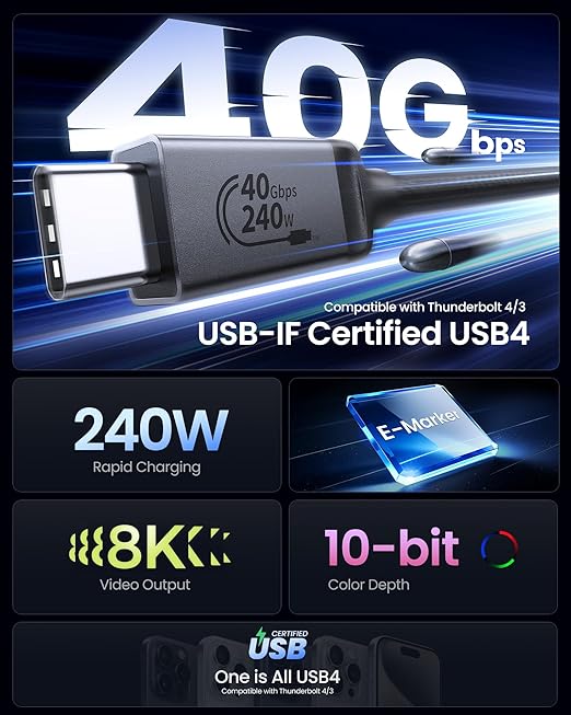 Silkland USB 4 for Thunderbolt 4 Cable [USB-IF Certified], 40Gbps Data Sync, 240W PD 3.1, 8K/5K@60Hz, USB C Thunderbolt Cable 4FT/1.2M, Compatible for MacBook, iPhone 17/16, SSD, Docking, eGPU,Monitor