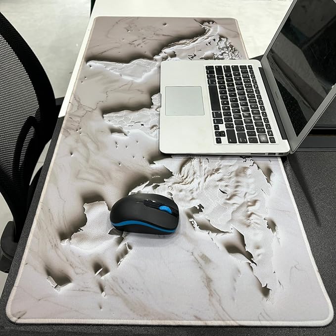 White Marble World Map Desk Pad – Large Mouse Mat for Keyboard and Mouse, Topographic Non-Slip Surface for Desktop