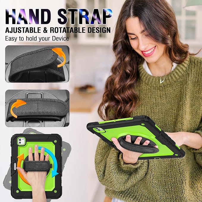 Case Compatible with iPad Pro 13 Inch 7th Generation M4 with Screen Protector Pen Holder | Heavy Duty Silicone Rugged Protection Cover W/Stand Hand Shoulder Strap | Green