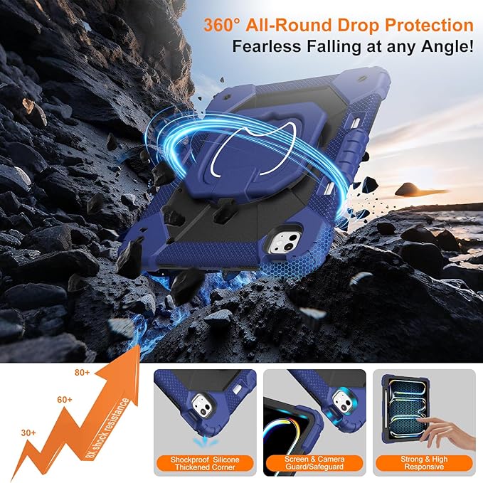 Case for iPad Pro 13 Inch M5 2025 / M4 2024, Auorld for iPad Pro 13 Inch M5 2025 with Screen Protector, 360 Degree Rotating Stand Shoulder Strap Pencil Holder, Navy Black