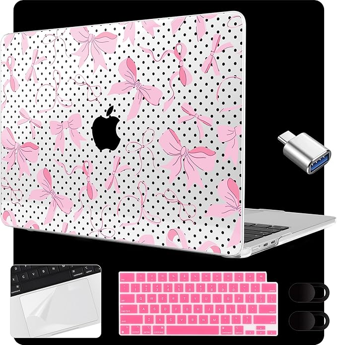 MEEgoodo Case for M5/M4/M3/M2 MacBook Air 15 inch Case 2026 2025 2024 2023, Laptop Shell Fit Model (A3448/A3241/A3114/A2941) for MacBook Air 15.3-inch, Black Polka Dots&Pink Bows